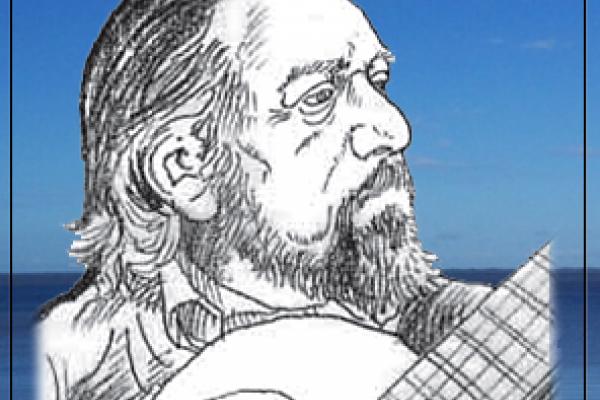 Retrato a lápiz del gran musico, cantor y poeta Anibal Sampayo. Montaje digital con cielo y río Uruguay