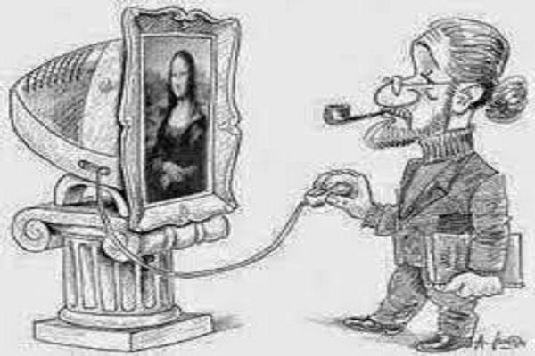 Ilustración de hombre accediendo con un mouse a un cuadro como si fuera una pantalla