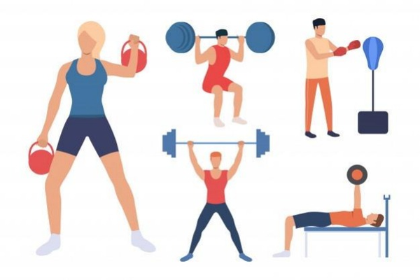 Conjunto de entrenamiento de fuerza. hombres y mujeres levantando pesas