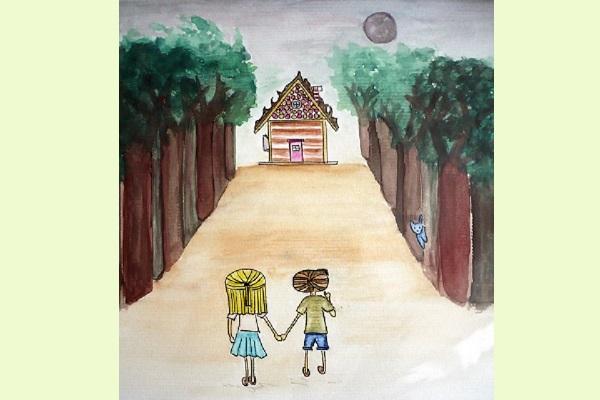 Dibujo realizado con acuarela, aparecen Hansel y Gretel de espaldas, caminando por un sendero rodeado de árboles rumbo a una casa.