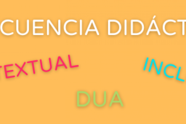En la imagen aparecen las siguientes expresiones con diferentes colores: secuencia didáctica, género textual, DUA e inclusión.