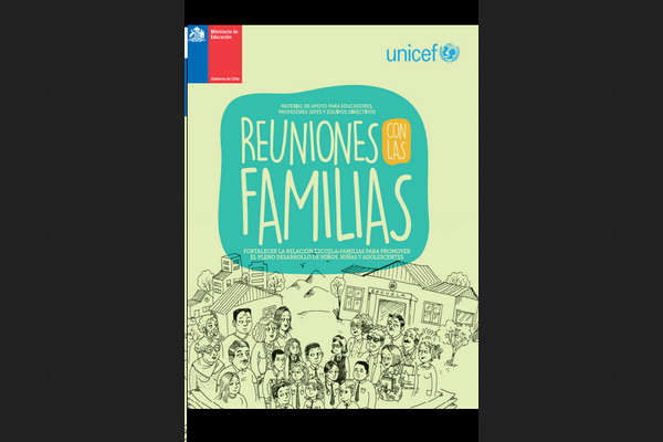 Portada con titulo y dibujo de las familias a la izquierda, frente al barrio, en el centro los estudiantes y a la derecha el personal de la escuela, frente al edificio escolar