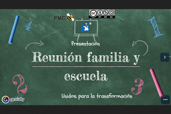 Portada de la presentación estilo pizarra con tizas con el título: "Reunión familia y escuela" Juntos para la transformación