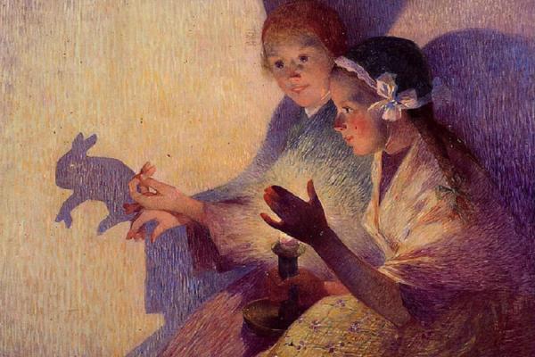 Pintura de dos niñas haciendo sombras con sus manos con la ayuda de una vela encendida y una pared blanca