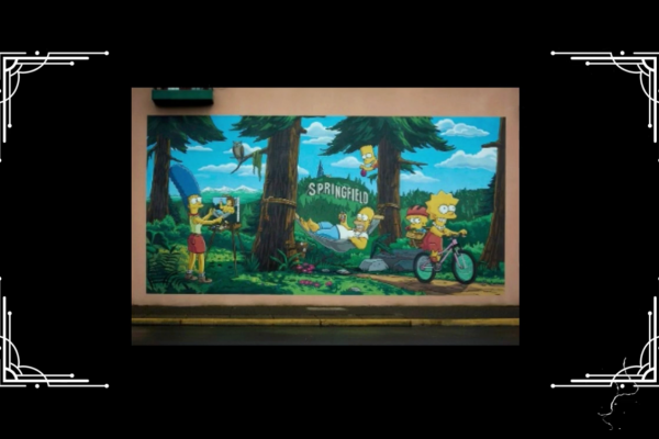 Los Simpson con el cartel de su ciudad Springfield