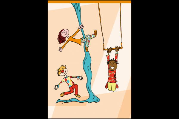 Dibujo con personajes caracterizado para el circo, haciendo acrobacias aéreas y un payaso en el suelo