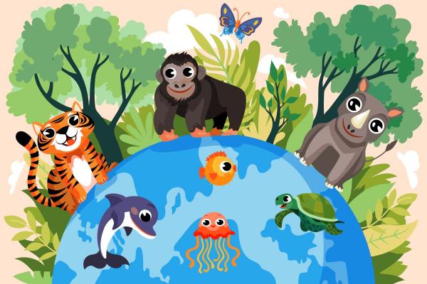dibujos de animales y plantas en el planeta Tierra
