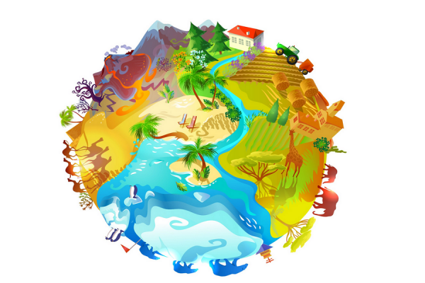 Dibujo del planeta Tierra con animales y vegetales