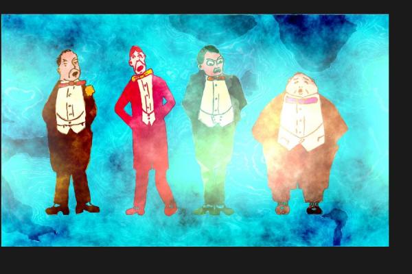 La imagen es una animación de cuatro cantantes muy divertidos en plena actuación.