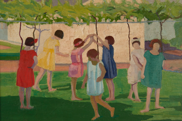 Pintura de niñas jugando en un patio de Petrona Viera