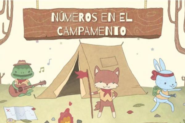 dibujo de campamento en el bosque con carpa y animales