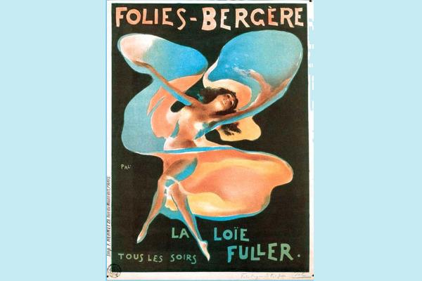 Imagen del afiche realizado por Jules Cheret, dónde aparece Loie Fuller bailando con telas iluminadas con focos de colores.