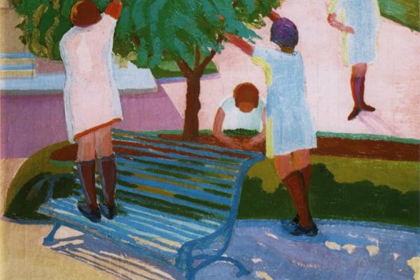 Pintura plantista , niñas juntando naranjas