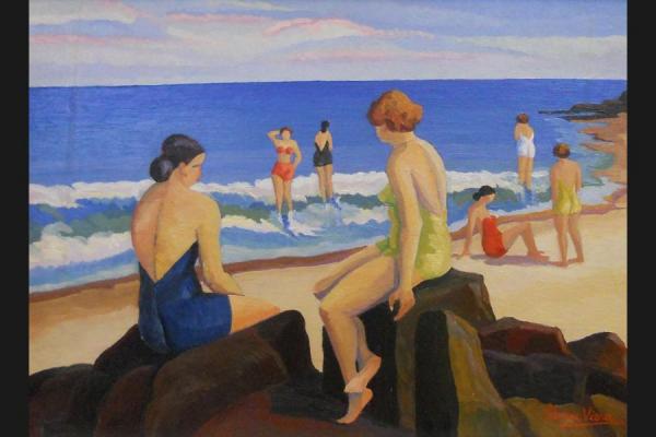 Óleo sobre cartón del cuadro "bañistas" de la artista Petrona Viera donde hay dos mujeres en primer plano, en la playa, manteniendo una conversación sentadas sobre unas piedras y de fondo otras mujeres bañándose en el mar.