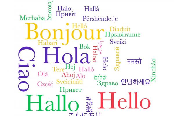 Imagen de la palabra hola en diferentes idiomas, colores y formas.