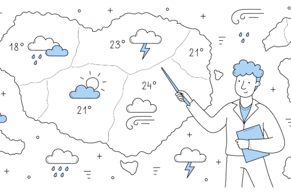 ilustración de un personaje con el fondo del pronóstico del tiempo