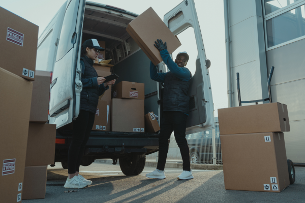 Hombres cargando cajas en una camioneta