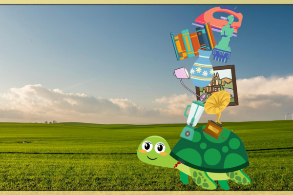 Tortuga animada con diferentes objetos sobre su caparazón