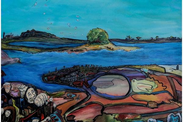 Es la pintura de una isla con su bahía.