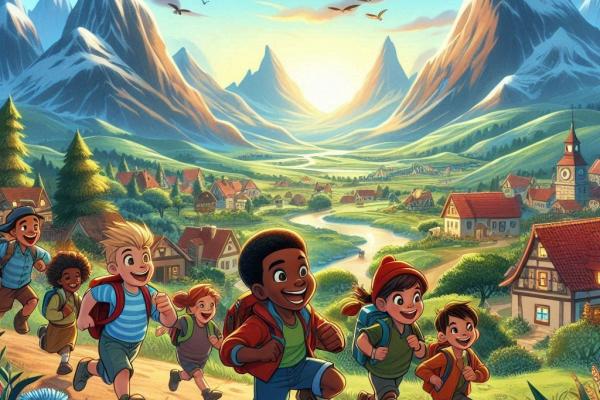 niños caminando por la aldea rodeada de montañas