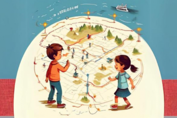 Niña y niña estudiando un mapa