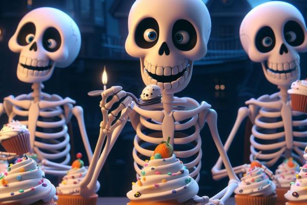 tres calaveras comiendo bizcochos.