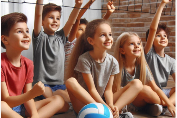 Niños sentados por jugar al voleibol sentados