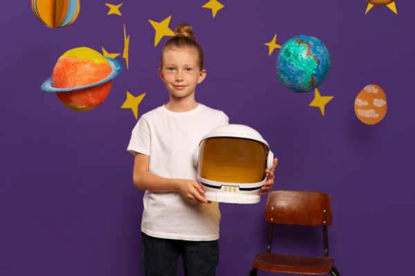 niña con casco de astronauta en la mano y fondo de planetas