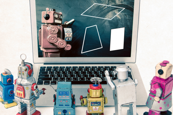 Robot explicando a otros robot sobre figuras gemétricas