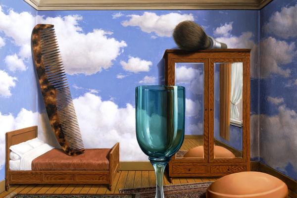 Pintura surrealista en dónde hay una cama con objetos personales en distintas dimensiones