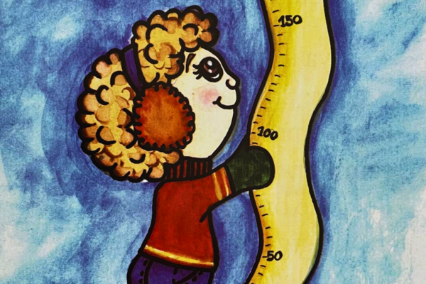 Pigo, niño protagonista del cuento, midiendo su altura.