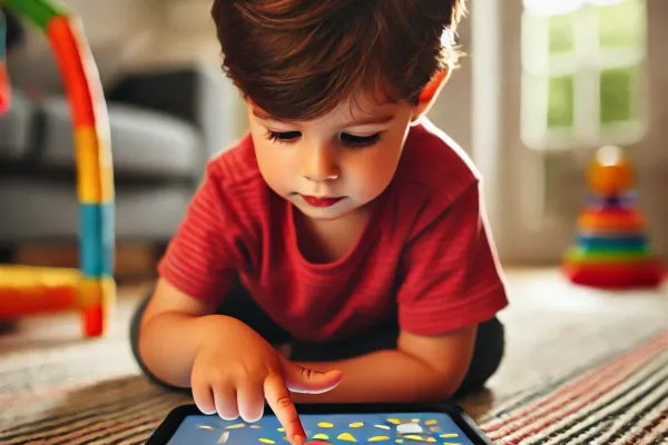 Niño seleccionando objetos con su dedo índice en una tablet.