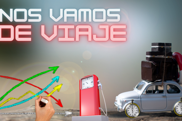 Auto preparado para un viaje cuyas ruedas están representadas por dos relojes, surtidor de gasolina, gráfica