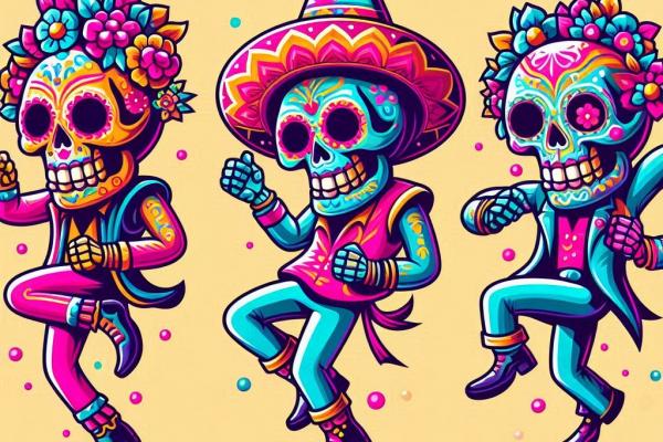 esqueletos con sombreros y chalecos bailando