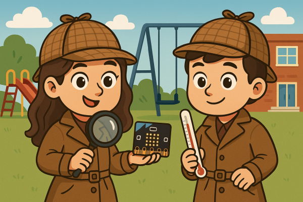 Niños-detectives con instrumentos de medición de la temperatura: termómetro y placa microbit
