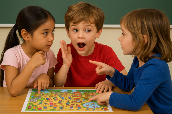 Tres niños jugando a describir y adivinar elementos de una escena ilustrada.