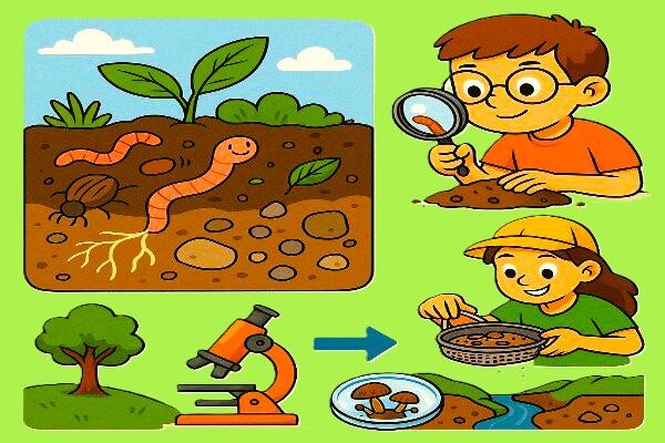 Niños investigando el suelo con lupas y microscopio