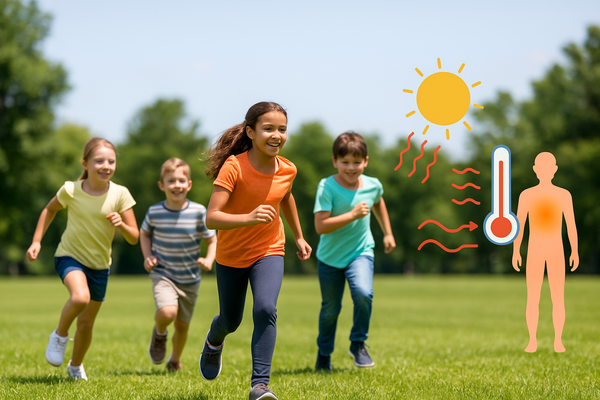 Niños y niñas corriendo, silueta de figura humana con un termómetro mostrando la temperatura.