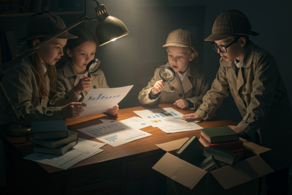 Niños detectives analizando gráficos y tablas de datos