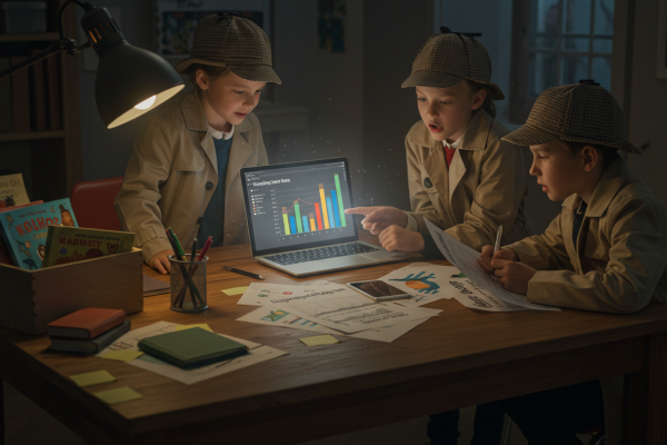 Niños detectives, analizando datos de una computadora