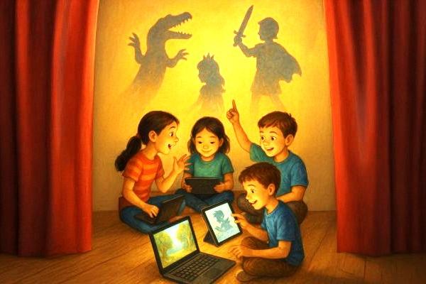 Niños jugando con sus computadoras y las sombras de seres imaginarios.