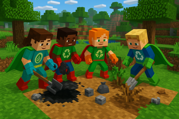 Niños superhéroes cuidando al suelo al estilo de Minecraft