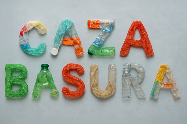 Texto "CAZABASURA" formado con botellas y bolsas plásticas.