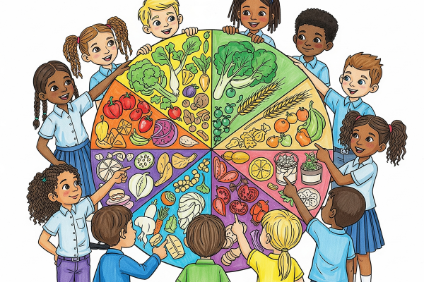 Niños alrededor de un plato saludable