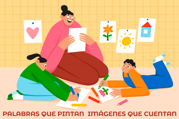 Ilustración de una madre leyendo a sus hijos que están dibujando