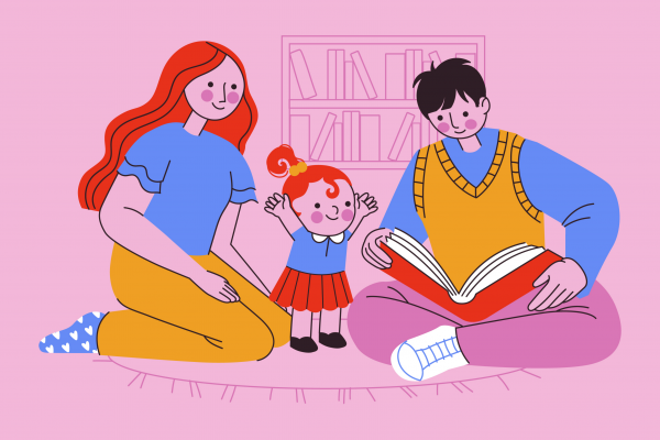 Ilustración de padres leyendo un cuento a una niña