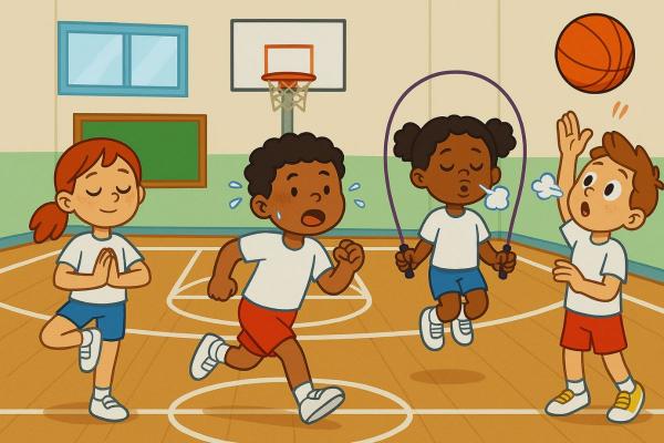 Niñas y niños realizando actividades de educación física