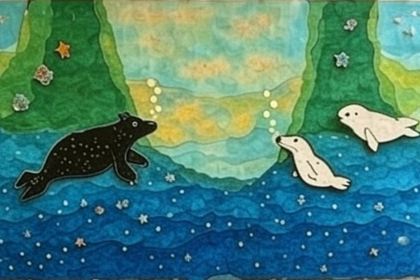 Ilustración de collage con un oso polar negro y una foca blanca