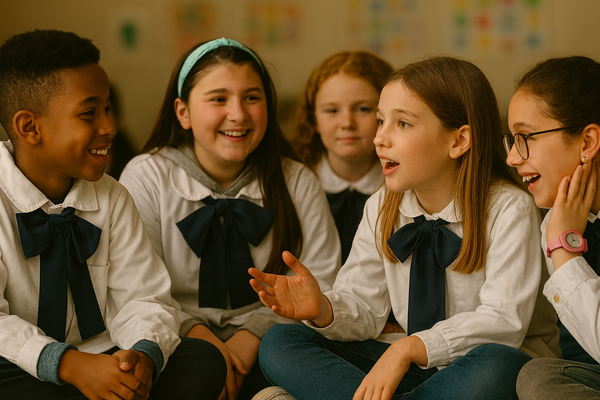 Cinco escolares uruguayos conversando con expresividad y atención compartida en un aula de segundo ciclo 