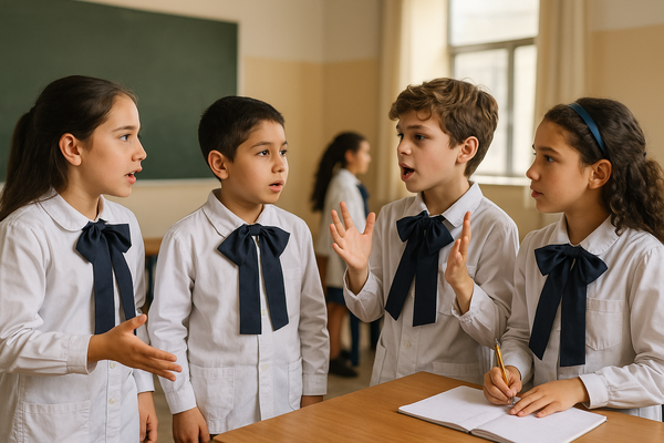 Debate entre compañeros de clase sobre un tema controvertido. 